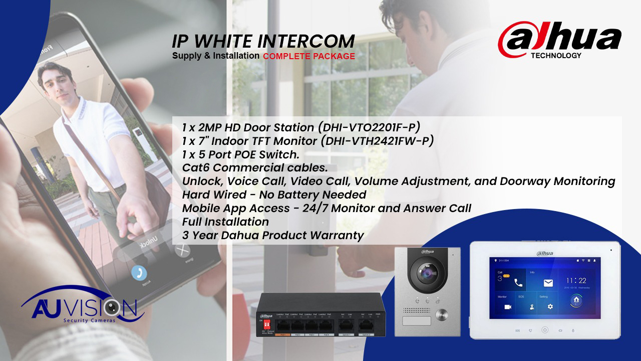 Dahua IP White Intercom Kit $900 with 2MP HD Door Station, 7-inch Monitor, POE Switch, full installation, and 3-year warranty for secure home access